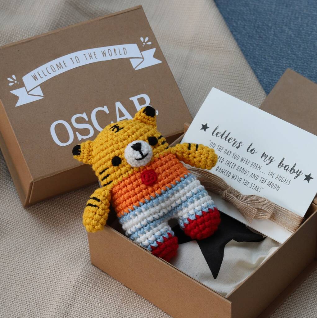 Personalised Baby Keepsake Box With Tiger Toy