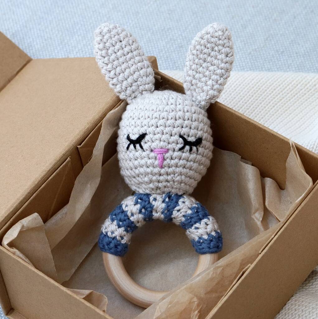 thumbnail image 2 of Handmade Elephant Amigurumi Crochet Rattler With Wooden Teething Ring 2 of 10